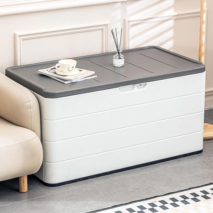 100 Gallon Outdoor Storage Box Waterproof Lockable Resin Deck Box Large, Patio Storage Bin for Pool Accessories Cushion Furniture, Garden Tools, UV-Resistant Outside Delivery Black&White-HomvellaHome