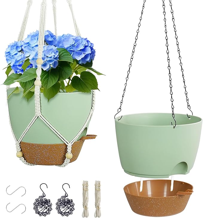 10 inch Self Watering Hanging Planters for Indoor Plants, 2 Pack Hanging Baskets for Outdoor Plants, Hanging Flower Pots with Drainage Holes & 2 Kinds of Plant Hangers for Home Decor, Green-HomvellaHome