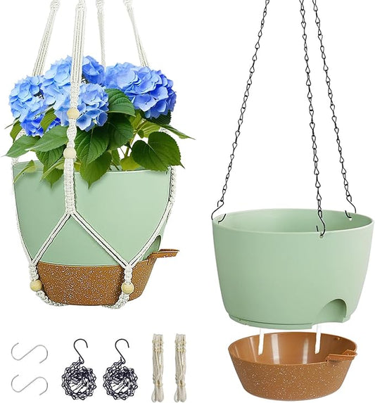 10 inch Self Watering Hanging Planters for Indoor Plants, 2 Pack Hanging Baskets for Outdoor Plants, Hanging Flower Pots with Drainage Holes & 2 Kinds of Plant Hangers for Home Decor, Green-HomvellaHome