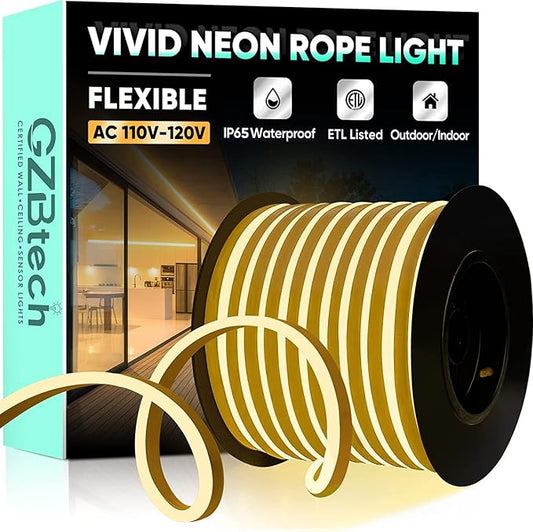 GZBtech Flexible LED Neon Rope Lights 100FT,AC 110-120V Waterproof Strip Light, 120 LEDs/M Cuttable Connectable Neon Lighting for Indoor Outdoor Home Decor/Commercial Building Use-Warm White 30M-HomvellaHome