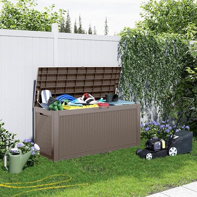 100 Gallon Deck Box Large Outdoor Storage for Patio Furniture,Outdoor Cushions,Garden Tools and Pool Supplies,Waterproof,Resin,Lockable(Grey)-HomvellaHome