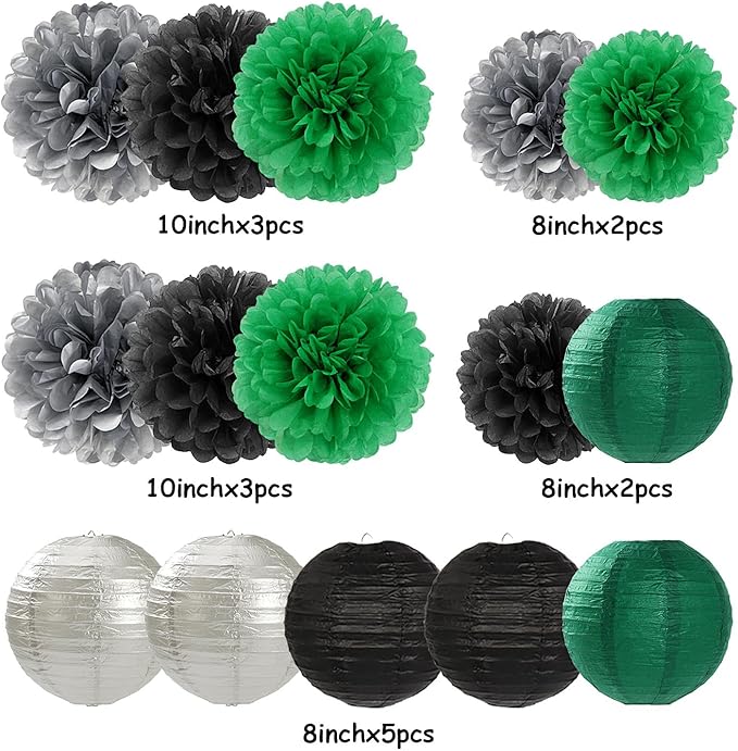 Green-Black Silver Party-Decorations Paper Flowers Lanterns - 15PCS Football Game Day Birthday Tissue Pom Poms Streamers, Bachelorette New Years Hanging Supplies Decor Hugfond-HomvellaHome