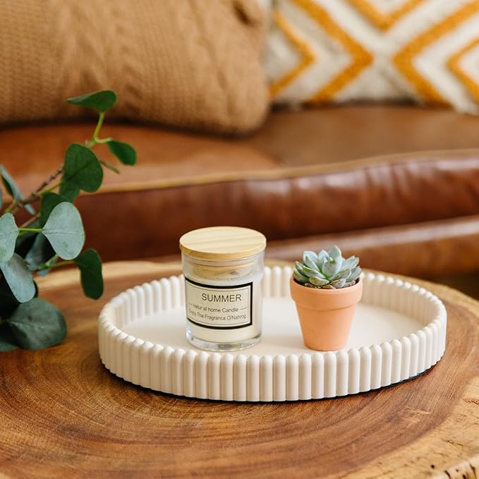 11.8in Decorative Tray for Coffee Table Decor- Modern Oval Concrete Tray for Home Decor- Minimalist Handcrafted Centerpieces Tray for Living Room, Kitchen Dining Table, Entryway (Beige)-HomvellaHome