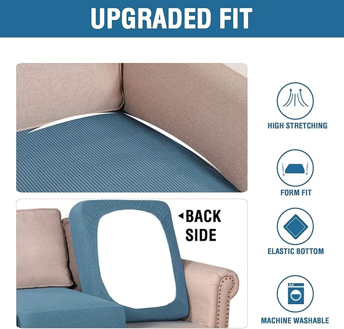 H.VERSAILTEX Super Stretch Individual Seat Cushion Covers Sofa Covers Slipcover Sets Thick Jacquard Textured Twill Fabric (3 Piece, Dusty Blue)-HomvellaHome