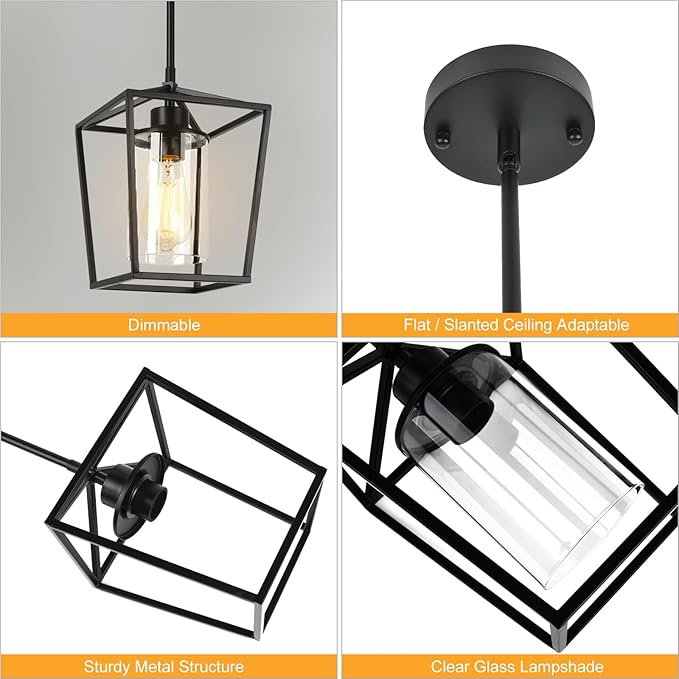 2 Pack 1-Light Black Pendant Lights for Kitchen Island, Farmhouse Metal Pendant Light Iron Cage Hanging Light Fixtures with Clear Glass Shade for Dining Room, Entryway, Hallway, Foyer-HomvellaHome