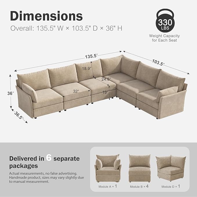 135.5" Oversized Modular Sectional Sofa, L Shaped Convertible Couch with Movable Ottoman, Large 6 Seat Corner Couches for Living Room Deep Seat Beige Chenille-HomvellaHome