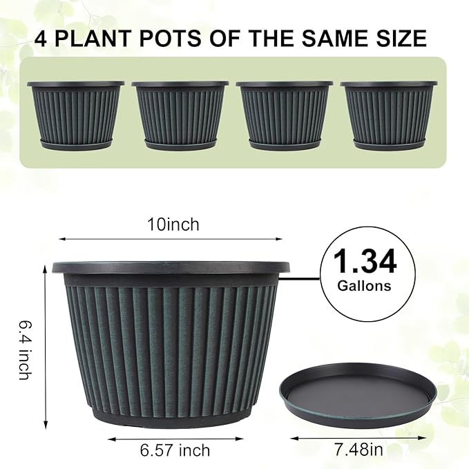 10 Inch Planter-Pots-for-Plants-Indoor-Outdoor, 4 Pack Plastic Flower Pots with Saucer & Drainage Holes, Modern Decorative Resin Garden Pots-HomvellaHome