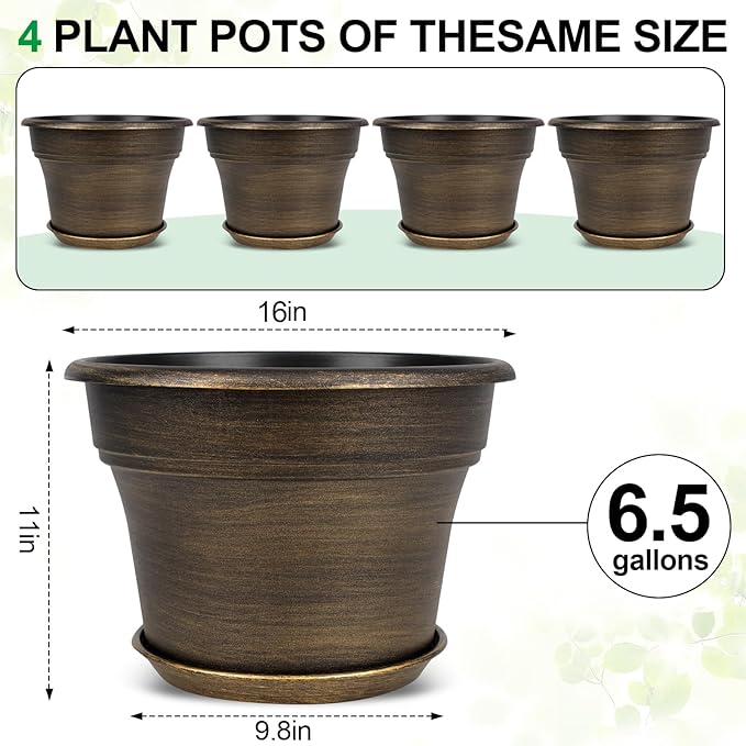16 inch Plant Pots Outdoor Planters，4 Pack Large Plastic Flower Pot for Indoor Plants with Drainage Holes & Saucer, Resin Decorative Container Sets with Trays for House Outdoor Garden Plant Dark Gold-HomvellaHome