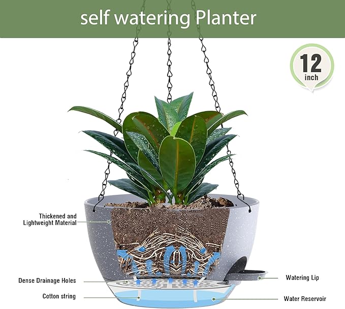 12 Inch Hanging Baskets 2 PC with Chains, Self-Watering Hanging Planters for Indoor Outdoor Plants, Plastic Hanging Flower Pots,Speckled Grey-HomvellaHome