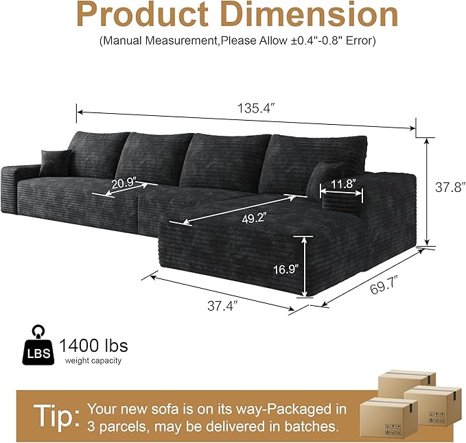 136" Sectional Couches for Living Room Modern Modular Sofa with L-Shape Couchs Upholstered Boneless Couch Deep Seat Sectional Couch with Chaise (Black, Right Facing Chaise+3Seaters)-HomvellaHome