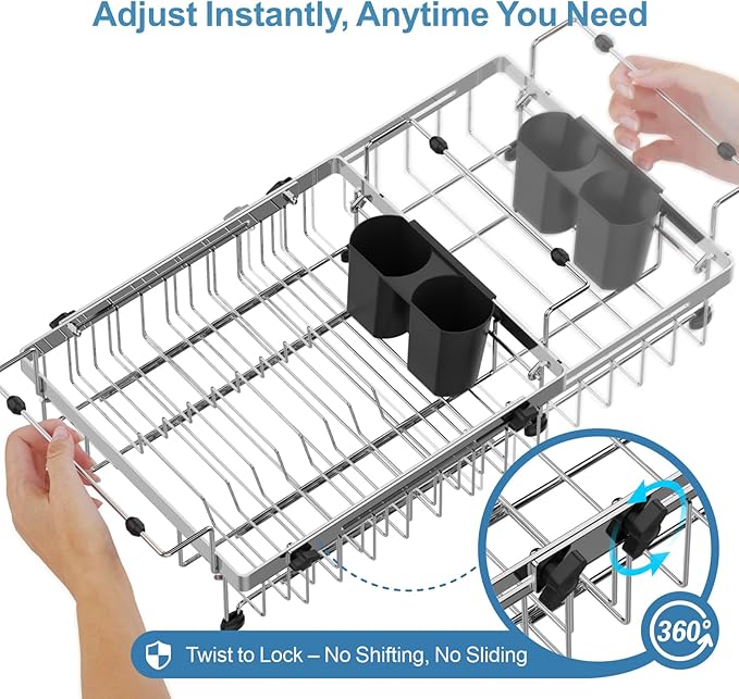 GSlife in Sink Dish Drying Rack - Stainless Steel Capacity Expandable Over The Sink Dish Drainer with Lock Knob and Utensil Holder for Kitchen Sink, 10.8"-17.9" L x 12.8" W, Silver-HomvellaHome