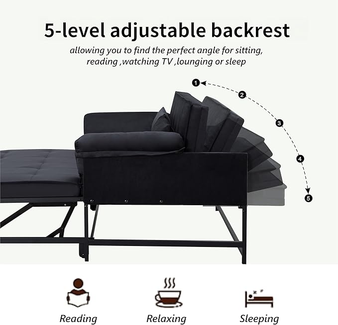 Pull Out Sofa Bed, 46” Futon Couch with Convertible Sleeper, Velvet Pull Out Couch with Adjustable Backrest, Small Sofa Bed with 2 Pillows for Living Room Office Guest Room, Black-HomvellaHome
