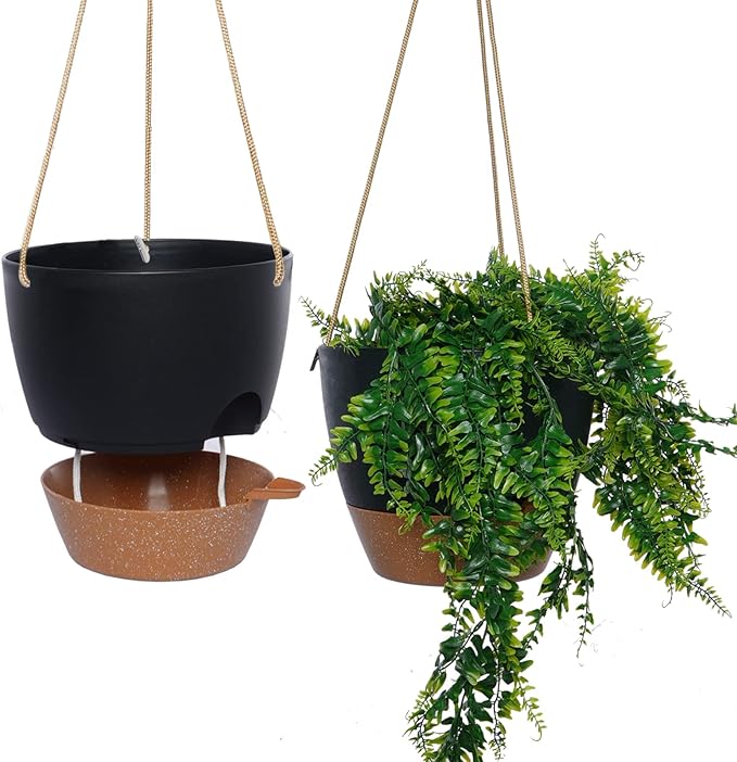 10 Inch Self Watering Hanging Pots, 2 Pack Hanging Planters with 40oZ Deep Reservior for Indoor Outdoor Plants Flowers, Black with Brown-HomvellaHome
