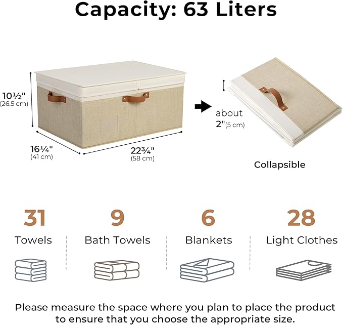 GRANNY SAYS Decorative Storage Boxes with Lid, Large Storage Bins with Double-Open Lid and Divider, Fabric Storage Bin for Clothes, 63L Closet Linen Storage Bin, White/Khaki-HomvellaHome