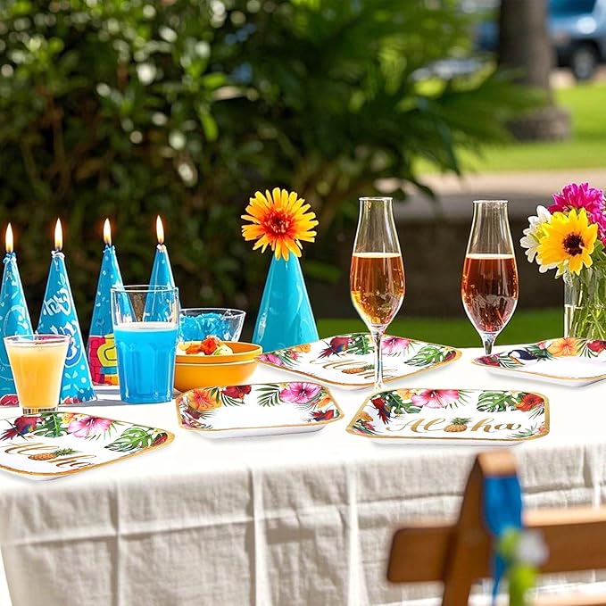 Grencian 200Pcs Hawaiian Luau Party Decorations Aloha Tropical Hibiscus Floral Luau Plates and Napkins Palm Leaf Tableware Sets for Summer Holiday Hawaiian Birthday Dinner Party Supplies Serves 50-HomvellaHome