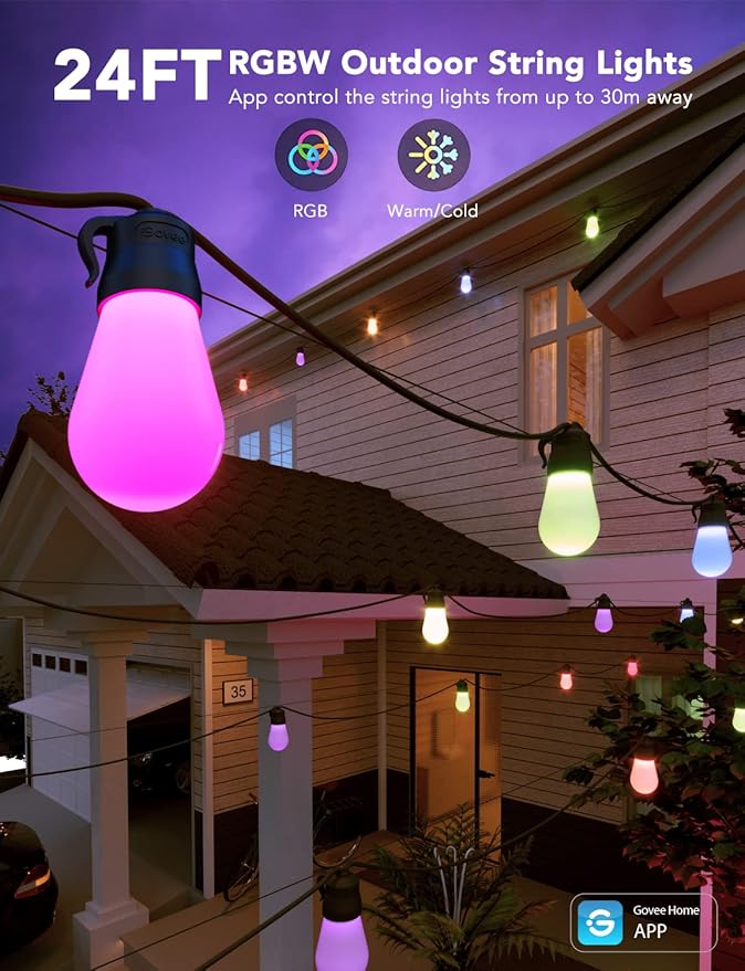 Govee Smart Outdoor String Lights H7029, 24ft RGBIC Outdoor Lights with 8 Dimmable LED Bulbs, IP65 Waterproof, Color Changing Warm White Lights with 47 Scene Modes for Patio, Backyard, App Control-HomvellaHome