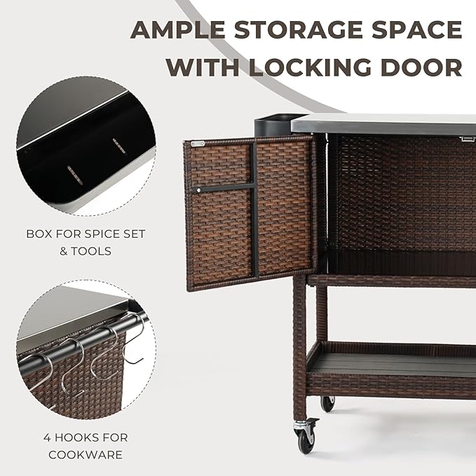 Grand patio Outdoor Wicker Bar Cart, Outdoor Bar Table with Stainless Steel Tabletop, Patio Kitchen Island Grill Cart with Storage Cabinet and 4 Hooks-HomvellaHome