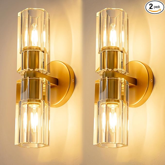 Gold Crystal Wall Sconces Set of Two, Wall Sconce Set of 2, Brass Sconces Wall Lighting with K9 Crystal Lampshade, Wall Lights for Bedroom Living Room Bathroom Hallway-HomvellaHome