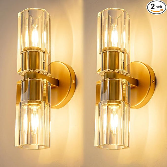 Gold Crystal Wall Sconces Set of Two, Wall Sconce Set of 2, Brass Sconces Wall Lighting with K9 Crystal Lampshade, Wall Lights for Bedroom Living Room Bathroom Hallway-HomvellaHome