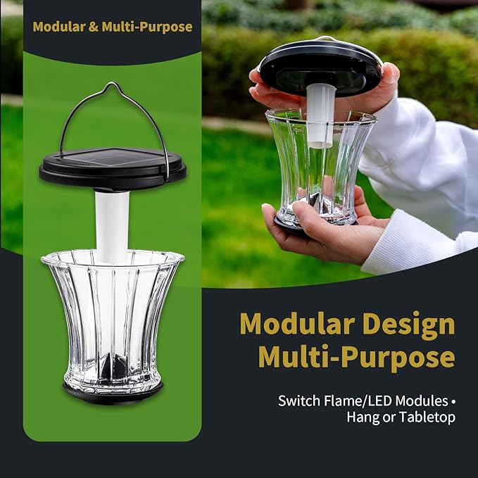 Glass Solar Lantern Outdoor Lights Waterproof, Flickering Flame Solar Lights with Modular Design, Auto On/Off Decorative Hanging Lanterns for Patio Garden Pathway Camping Deck Yard (2 Pack)-HomvellaHome