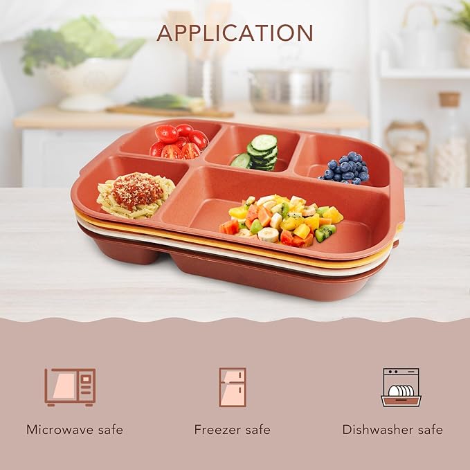 greenandlife 10.8 Inch 4PCS Divided Plates for Kids Adults, Portion Control Plates, Dishwasher & Microwave Safe Compartment Plate, Unbreakable Lightweight Reusable Wheat Straw Plates, Sunset-HomvellaHome