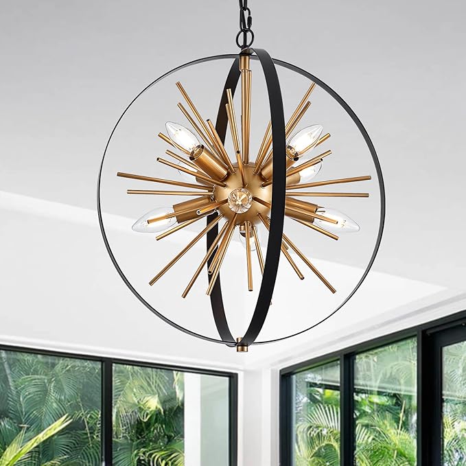 17.72'' Black Gold 8-Light Globe Sputnik Chandelier Modern Industrial Adjustable Hanging Ceiling Firework Pendant Light Fixture for Entryway Stairway Kitchen Dining Living Room Hallway-HomvellaHome
