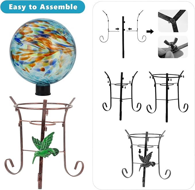 10 Inch Glass Gazing Ball, with 9.4" Tall Metal Gazing Globe Stand, Glass Balls Display Holder Set for Outdoor Garden Lawn Yard Decoration, Blue Artistic-HomvellaHome