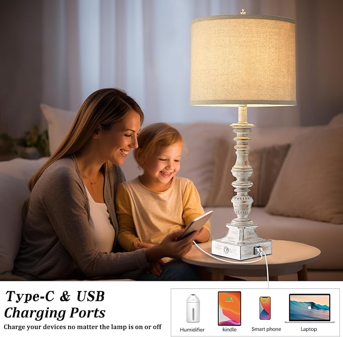 Farmhouse Table Lamps for Bedroom Set of 2 Vintage 3-Way Dimmable Touch Control Nightstand Lamps, Bedside Lamps for Living Room, Traditional Nightstand Lamp End Table lamps 28.5" (Bulbs Included)-HomvellaHome