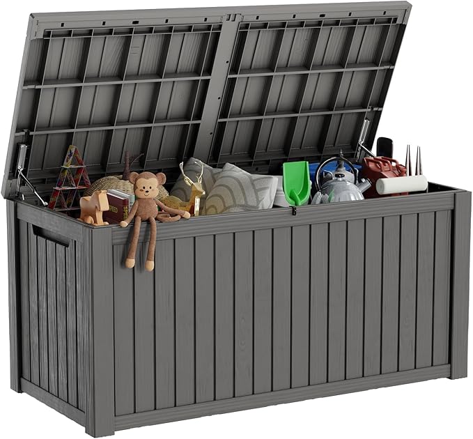 180 Gallon Deck Box,Resin Outdoor Storage Box with Lockable for Patio Furniture, Pool Accessories, Garden Tools Waterproof Outside Storage Box, Grey-HomvellaHome