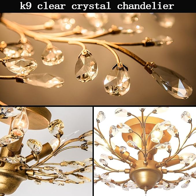 Ganeed Crystal Chandeliers,K9 Crystal Ceiling Light,Vintage Light Fixtures Pendant Lighting for Living Room Bedroom Restaurant Porch Hallway (4-Light,Golden)-HomvellaHome