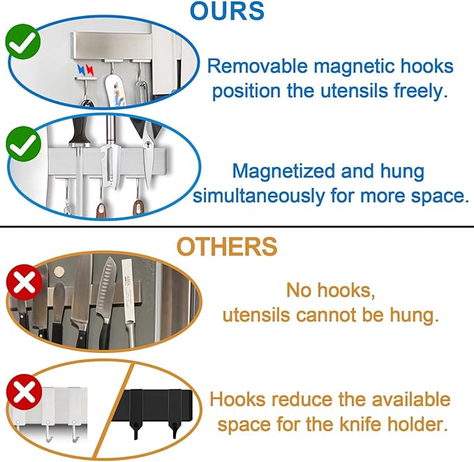 14 Inch Magnetic Knife Holder for Refrigerator - Knife Magnetic Strip for Fridge with Magnetic Hooks - Double Sided Magnetic Knife Bar - Stainless Steel Kitchen Magnetic Knife Hanger Rack-HomvellaHome