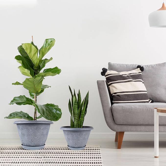 10 Inch Flower Pots Planters for Indoor Outdoor Plants, 3 Pack Plastic Large Plant Pots with Drainage Hole & Tray, Modern Decorative Garden Pot with Saucer, Plant Container for House-HomvellaHome