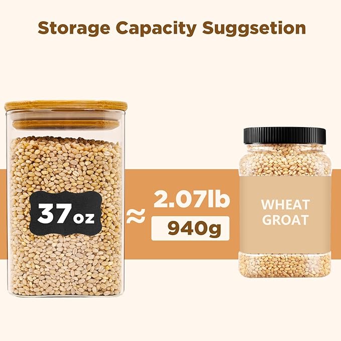 Glass Food Storage Jars Square 37oz, 4 Pack Glass Jars With Bamboo Lids, Kitchen Storage Containers For Spice, Candy, Cookie, Storage For Pantry Organizers-HomvellaHome