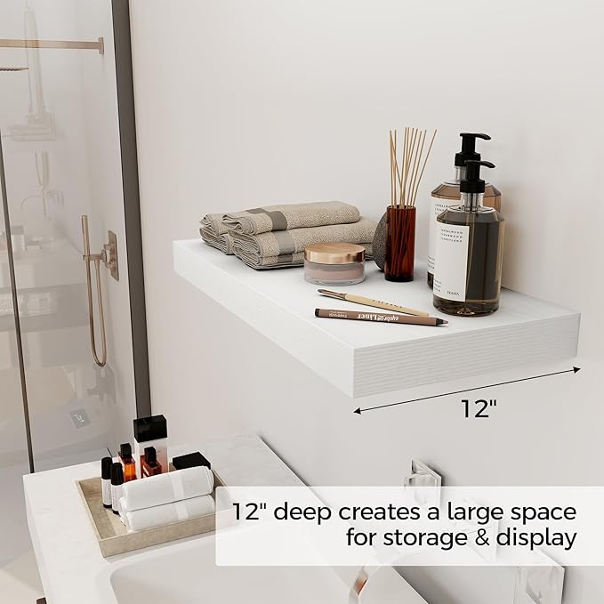 12 Inch Deep White Floating Shelves, 24 x 12 Floating Shelf for Books, Rustic Wood Deep Wall Shelves for Home Storage & Display, 2" Thicked Shelves for Kitchen, Living Room, Bedroom, 1 Pack-HomvellaHome