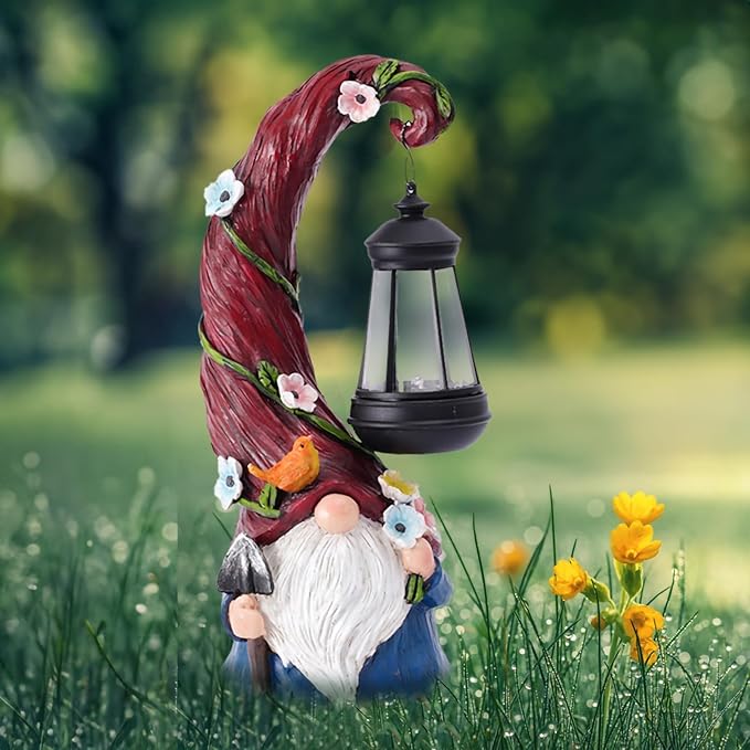 Gnome Garden Decor Statue Solar Gnomes Decorations for Yard with Lantern Light Outdoor Decorations for Patio Mom Gift-HomvellaHome