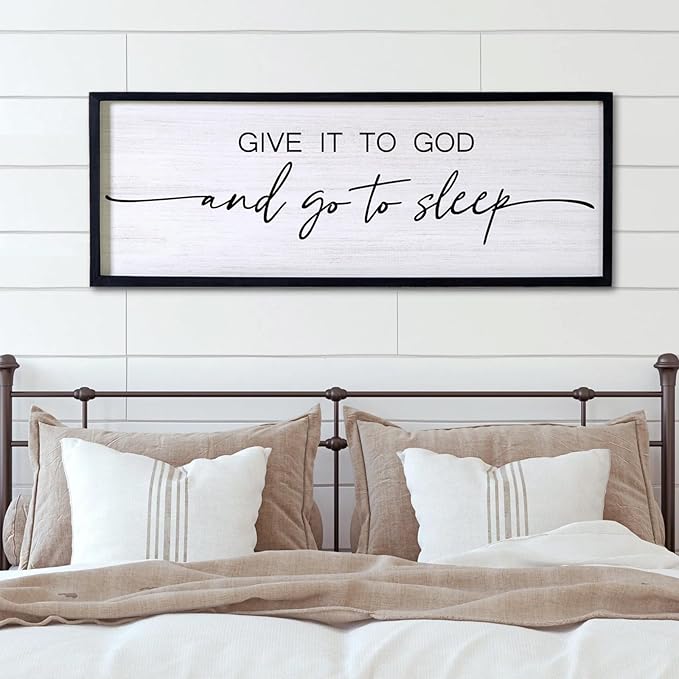 Give It to God and Go to Sleep Decorative Rustic Sign & Plaque Framed Wall Art for Couples, 40''×15'' Cottagecore Wooden Horizontal Wall Decor Above Bed, Vintage Farmhouse Wedding Gift for Bedroom-HomvellaHome