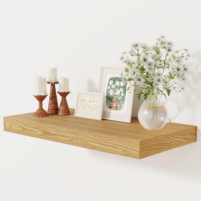 12 Inch Deep Floating Shelves, 24 x 12 Floating Shelf for Books, Rustic Wood Deep Wall Shelves for Home Storage & Display, 2" Thicked Shelves for Kitchen, Living Room, Bedroom, Oak Color, 1 Pack-HomvellaHome
