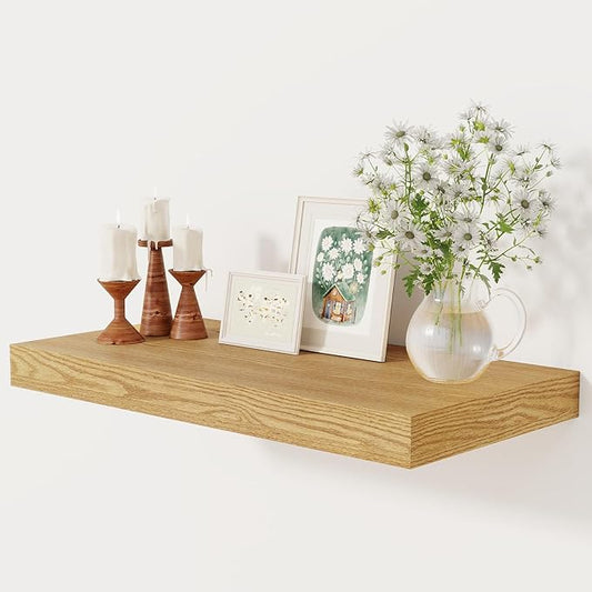 12 Inch Deep Floating Shelves, 24 x 12 Floating Shelf for Books, Rustic Wood Deep Wall Shelves for Home Storage & Display, 2" Thicked Shelves for Kitchen, Living Room, Bedroom, Oak Color, 1 Pack-HomvellaHome