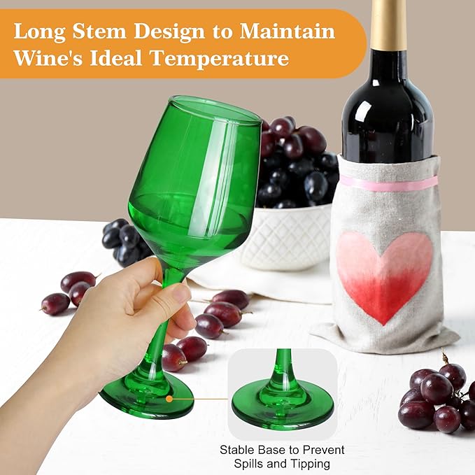Green Wine Glasses Set of 6-14oz Long Stem Wine Glass, Pretty Crystal Glassware, Hand Blown Goblets Drinkware, Unique Stemware Wine Glass Holiday Gift Set-HomvellaHome
