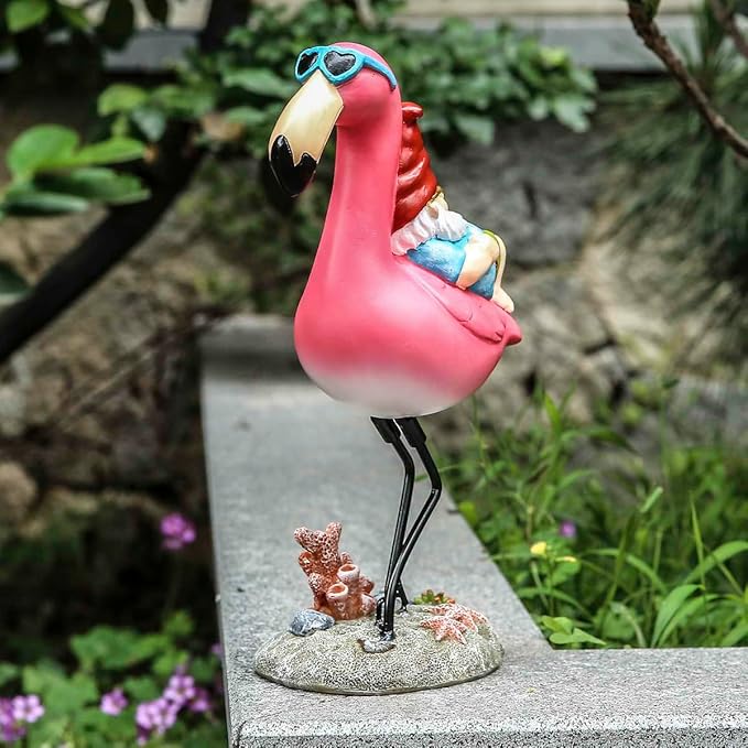 Gnome Garden Statue Funny Gnome Reclining on Flamingo Dwarf Figurines Resin Garden Gnomes Fall Decorations Outdoor for Patio Yard Lawn Porch Housewarming Ornament Gift-HomvellaHome