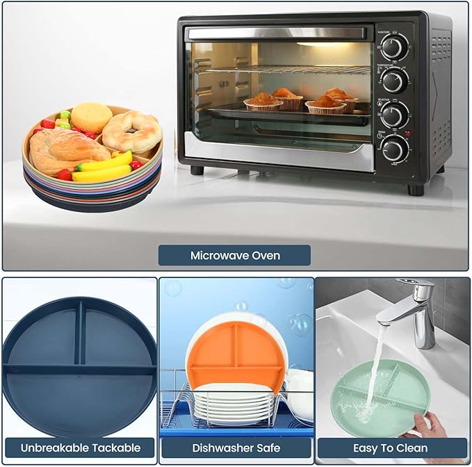 10 Pcs Unbreakable Divided Plates for Kids Adults, 9 Inch Round Portion Control Plate, 3 Compartment Plates with Dividers, Lightweight Reusable Dinnerware Portion Control Plastic, Dishwasher Safe-HomvellaHome