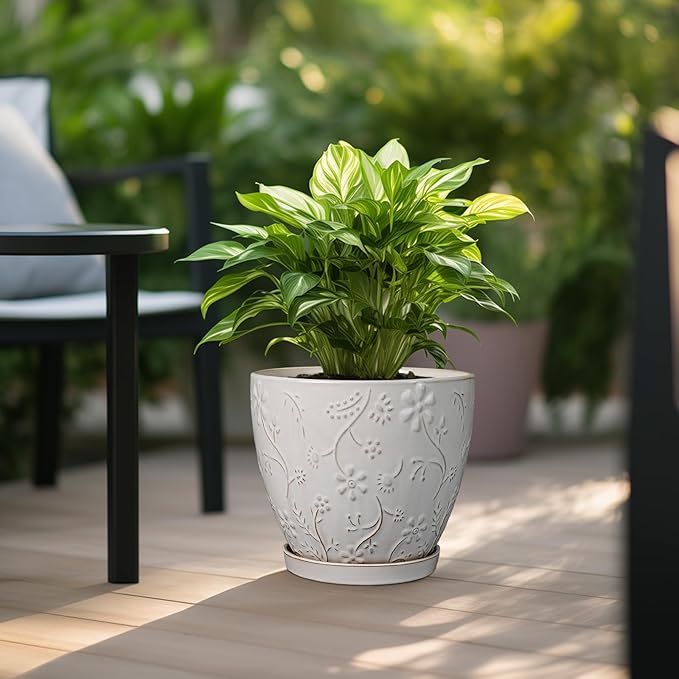 10 Inch Plant Pot Ceramic Planter Pot with Drainage Hole and Saucer Round Planter Large Flower Pot for Indoor Outdoor Plants Home Garden Decor White-HomvellaHome