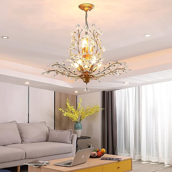 Ganeed Crystal Chandeliers,Vintage Pendant Lighting Crystal Chandelier Lighting Fixtures with 8 Lights,Ceiling Light Fixture for Living Room Bedroom Restaurant Porch Hallway (Gold)-HomvellaHome