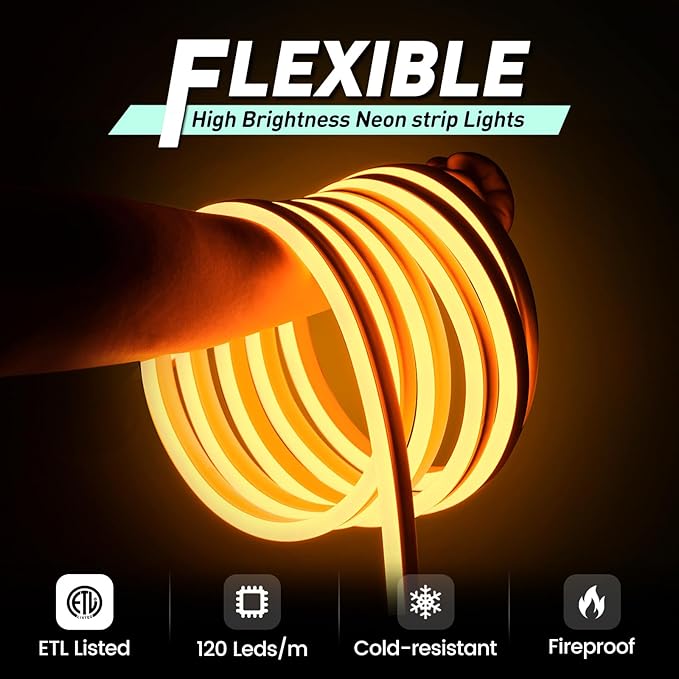 GZBtech Flexible LED Neon Rope Lights 50FT,AC 110-120V Waterproof Strip Light, 120 LEDs/M Cuttable Connectable Neon Lighting for Indoor Outdoor Home Decor/Commercial Building Use-Amber 15M-HomvellaHome