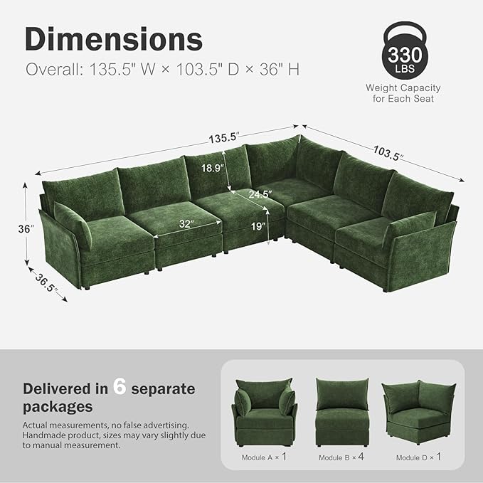 135.5" Oversized Modular Sectional Sofa, L Shaped Convertible Couch with Movable Ottoman, Large 6 Seat Corner Couches for Living Room Deep Seat Green Chenille-HomvellaHome