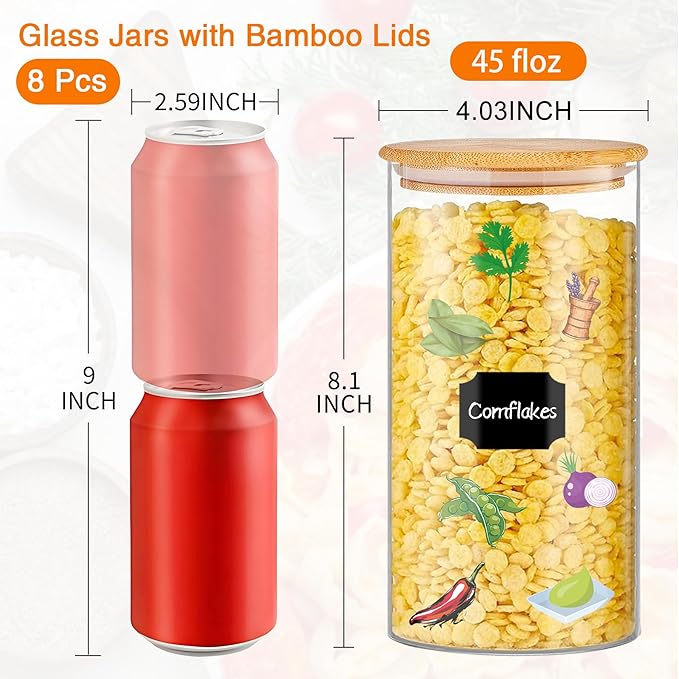Glass Storage Jars 45 oz 4 Pcs Clear Glass Food Storage Containers with Airtight Bamboo Lid Stackable Kitchen Canisters for Candy, Cookie, Rice, Sugar, Flour, Pasta, Nuts-HomvellaHome
