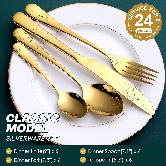 Gold Silverware Set, OGORI 24-Piece Food Grade Stainless Steel Gold Flatware Set, Kitchen Utensil Set Service for 6, Mirror Polished Tableware Cutlery Set for Home and Restaurant, Dishwasher Safe-HomvellaHome