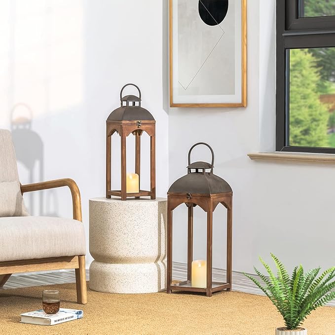 Glitzhome Set of 2 Mondern Farmhouse Wooden Lantern Hanging Decorative Candle Lanterns for Outdoor & Indoor Brown (No Glass)-HomvellaHome