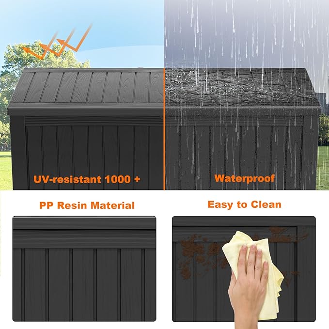 180 Gallon Resin Deck Box, Lockable Patio Outdoor Storage Box for Furniture, Garden Tools and Tools Storage, Waterproof Outside Storage Boxes - Black-HomvellaHome