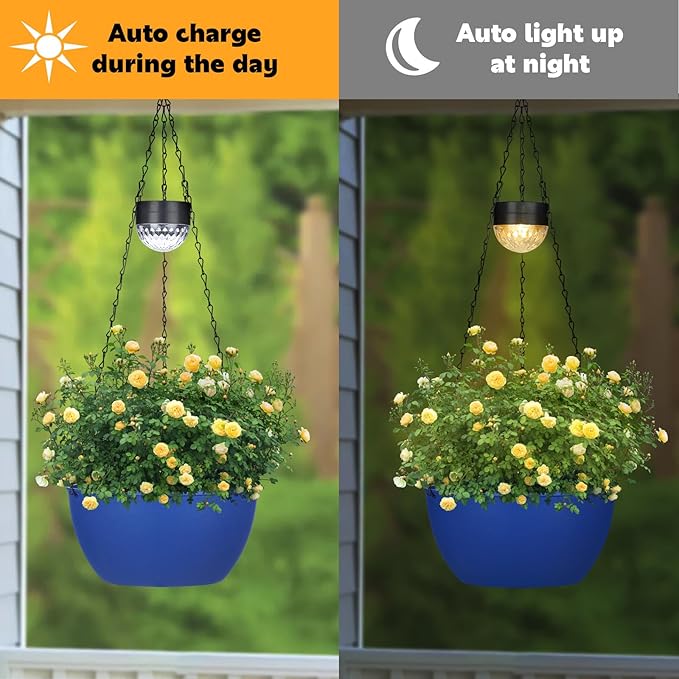 2 Packs Hanging Planters Basket for Outdoor Plants, Solar Powered Self Watering Blue Round Plastic Flower Pots with Drainer for Balcony Patio Garden Outdoor Decoration-HomvellaHome